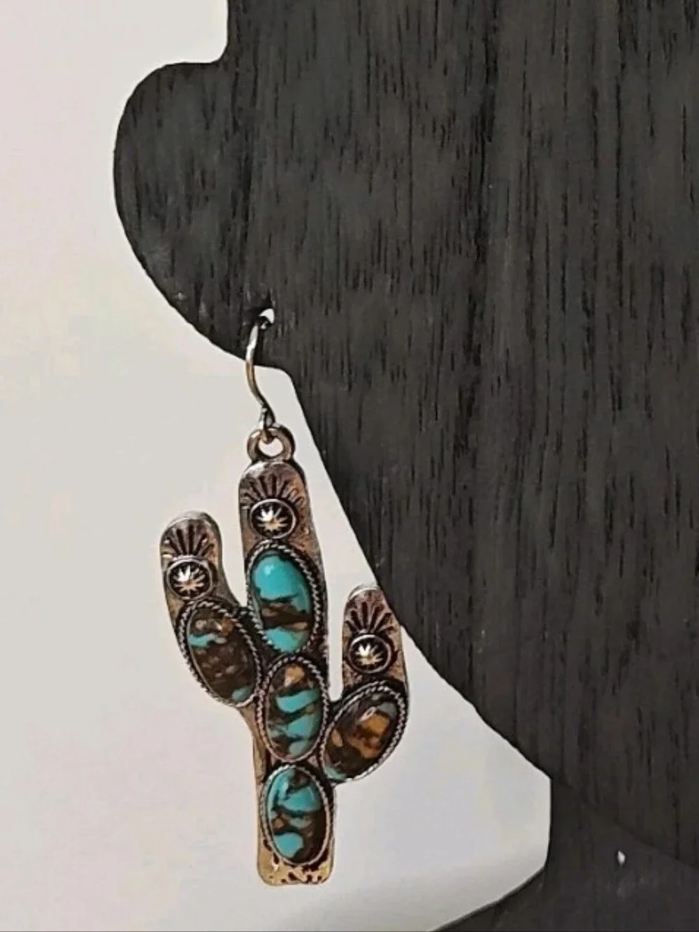 Southwestern Dangle Earrings Turquoise Saguaro Cactus Etched Sunburst Silver 2